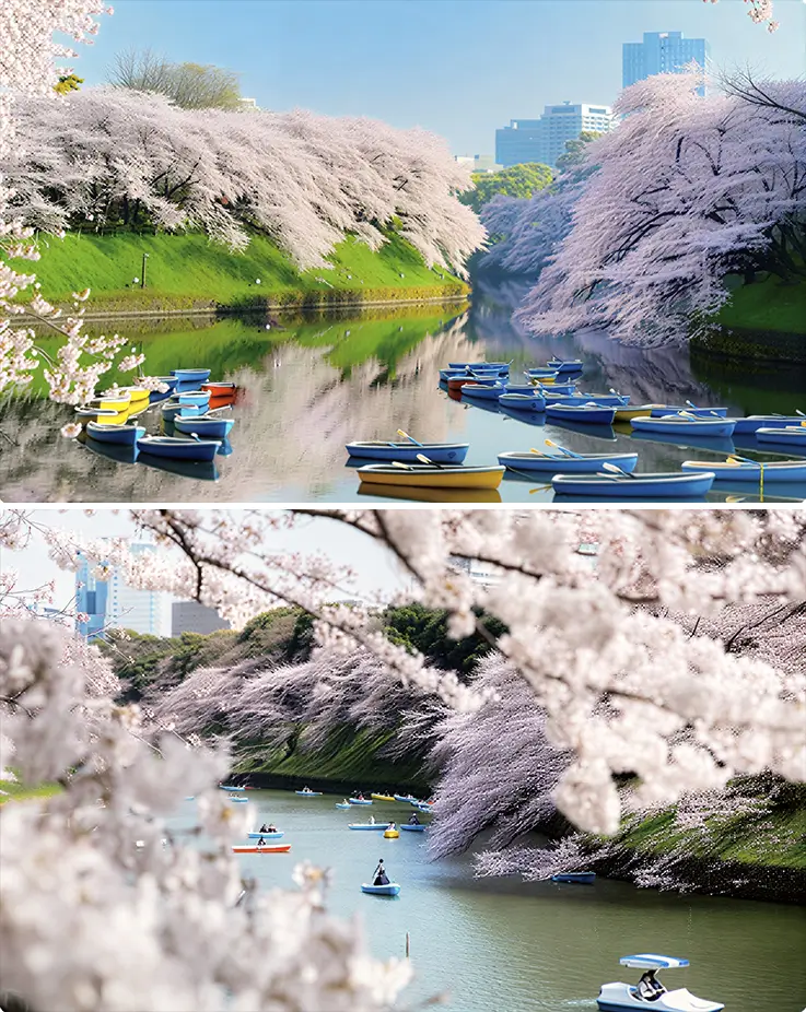 People enjoying boat riding with cherry blossoms at Chidorigafuchi Park in Tokyo