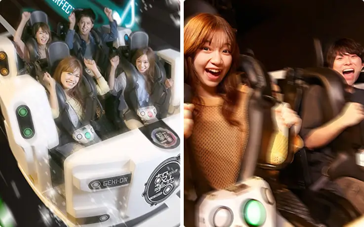 Visitors riding the Gekion Live Coaster at Tokyo Joypolis