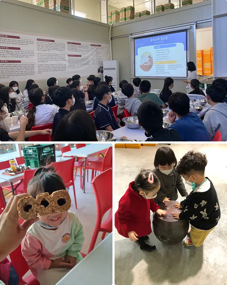 Hands-on Korean jang-making class with guided introduction and kids enjoying the activity..
