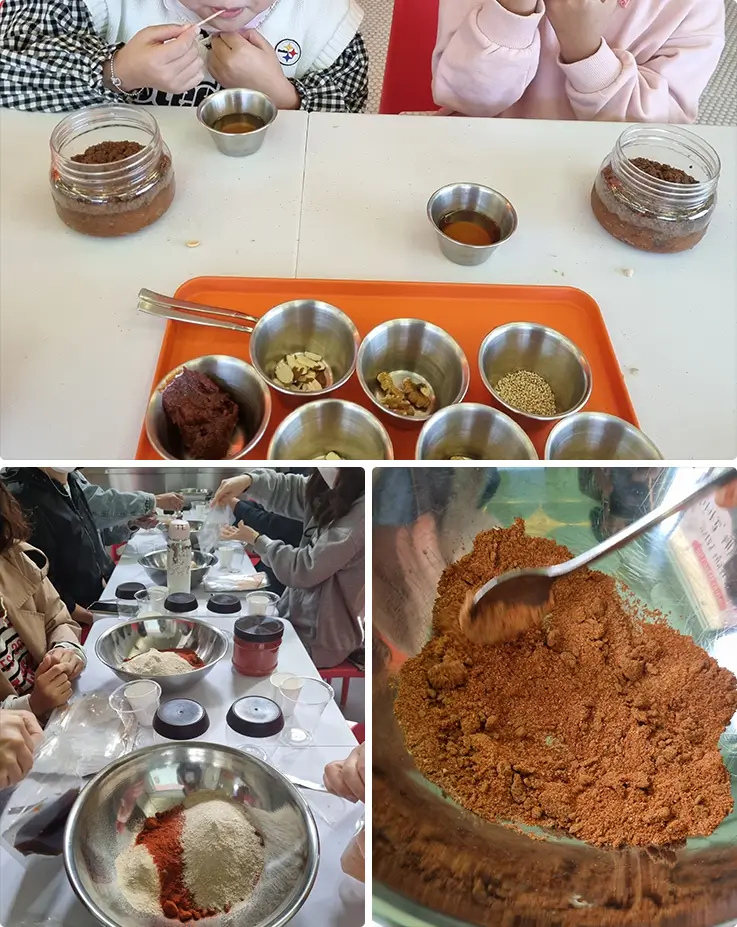 Traditional Korean jang ingredients and hands-on mixing process during fermentation class.
