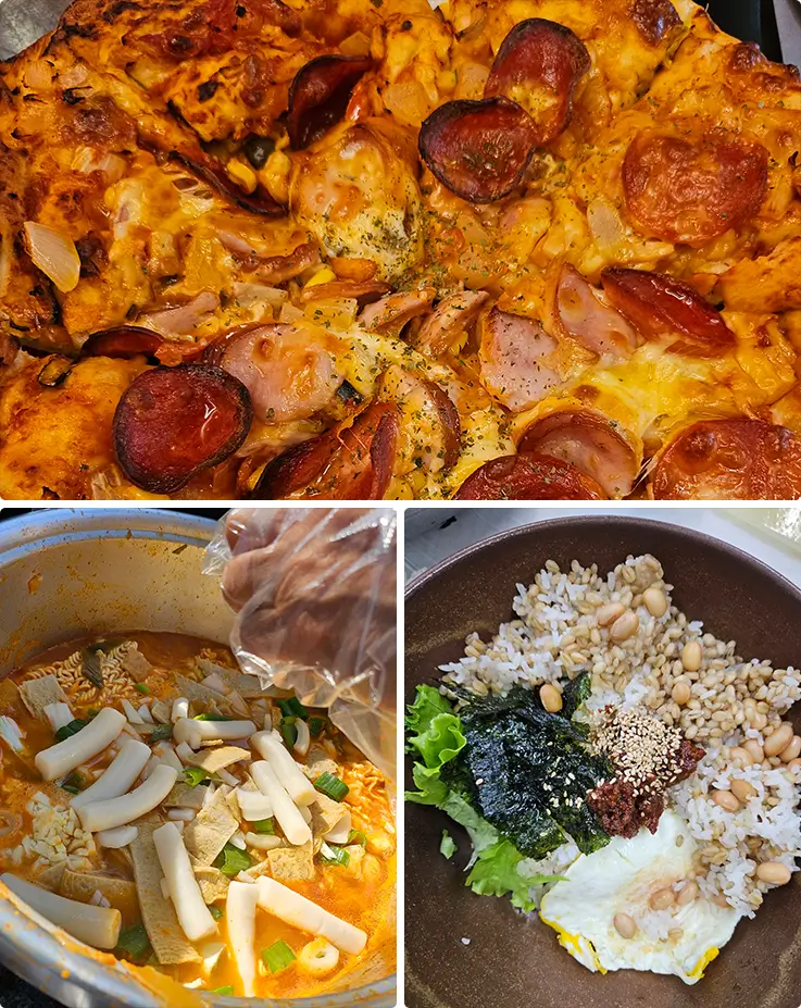 Freshly baked gochujang pizza, spicy tteokbokki, and colorful bibimbap made in cooking class.