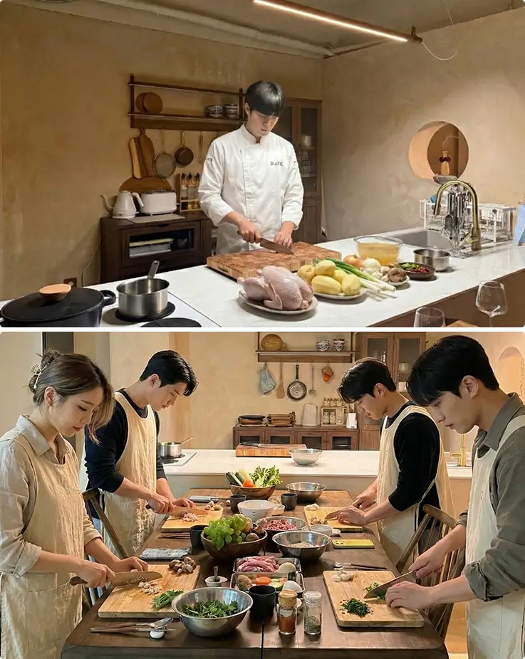 A former michelin 1-star chef and people participating Korean cuisine full-course dinner cooking class in Seoul