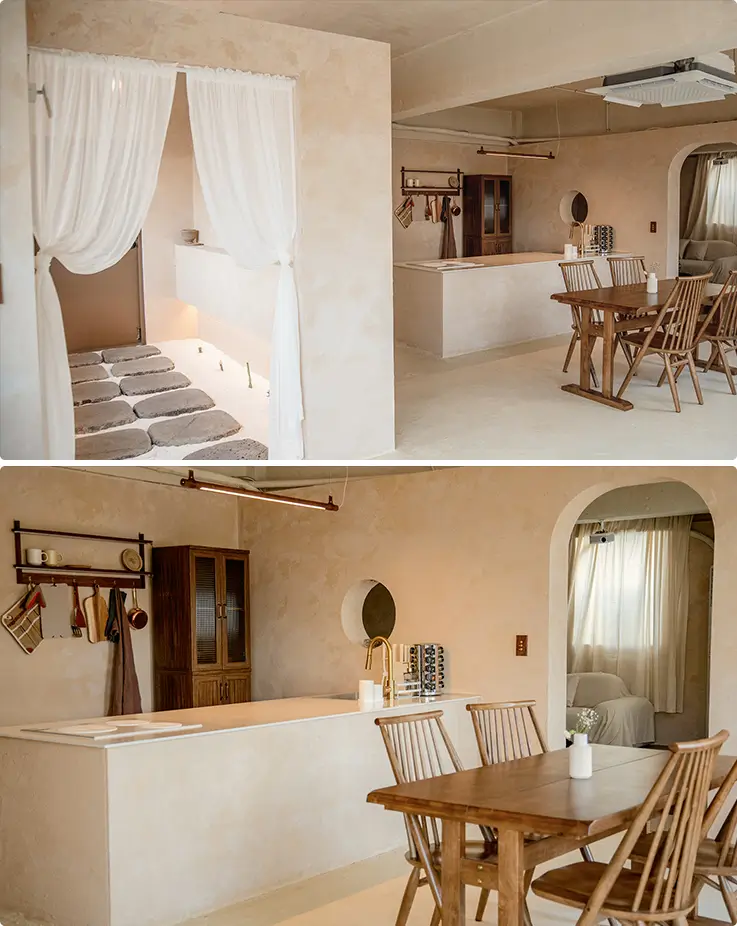 The studio designed for hands-on cooking and comfortable dining