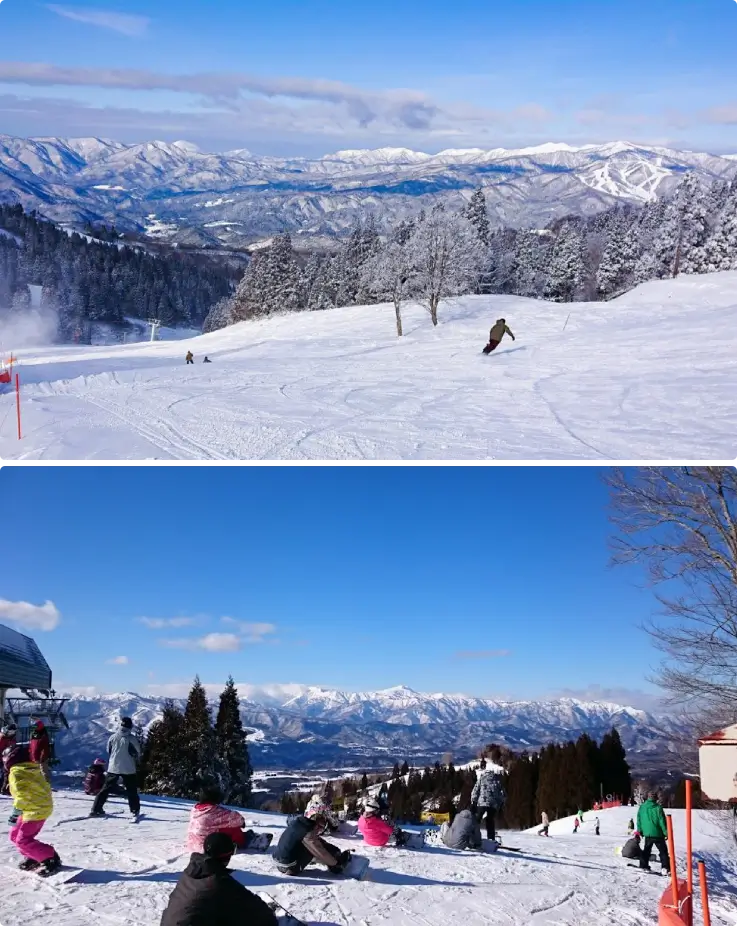 Snow-covered mountain ridges shining under a clear blue sky at WhitePIA Takasu.