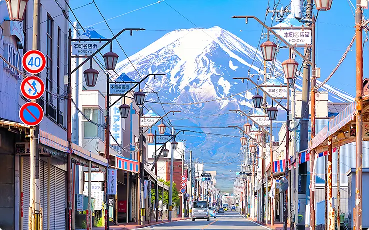 Picturesque street scenery with Mt. Fuji in the backdrop at Hikawa Clock Shop in Yamanashi