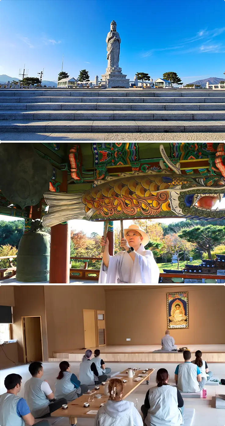 A towering Buddha statue, ringing bell, and meditation hall capture temple life.