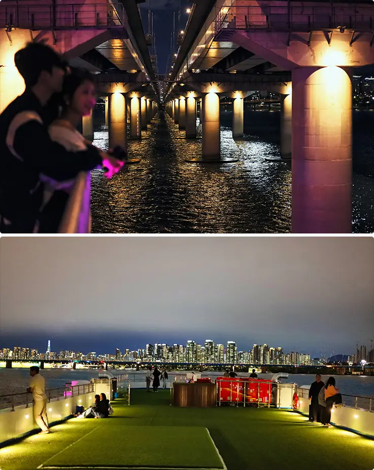 Seoul city night view with the Hangang River from the Music Fireworks Cruise in Yeouido