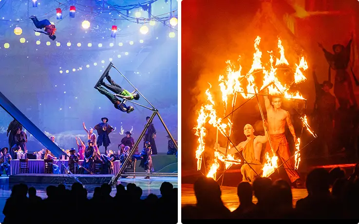 Everland 50th anniversary spectacular live show featuring thrilling acrobatics and fire performance.