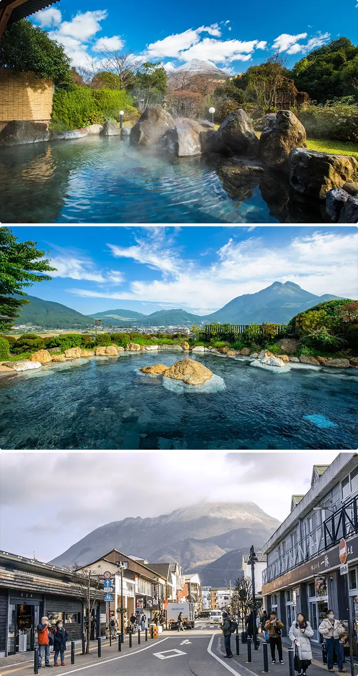 Warm onsen with stunning natural scenery and vibrant street view at Yufuin Onsen