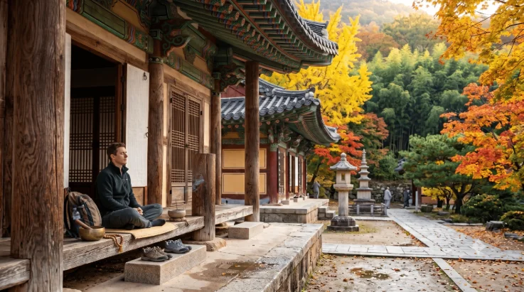 Visitor meditating at Beomeosa Temple