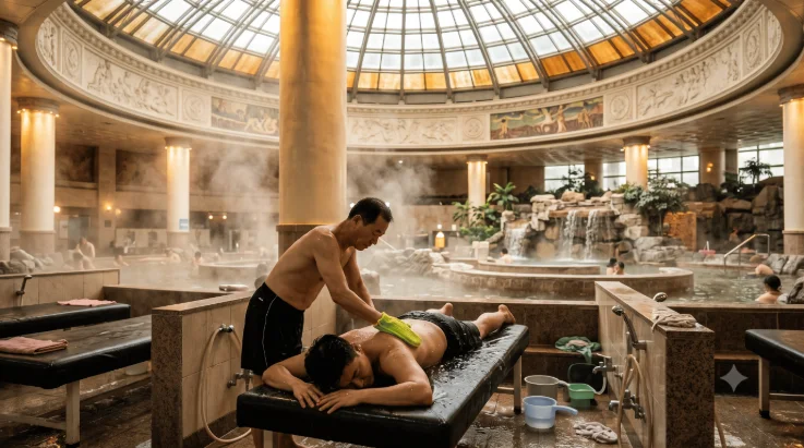 Visitor experiencing body scrub at Hurshimchung sauna
