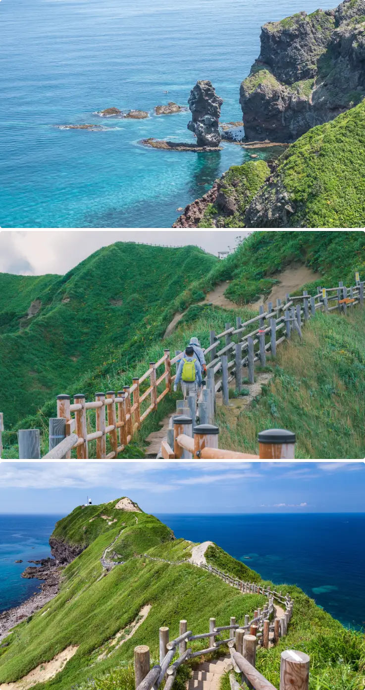 A view of Cape Kamui on top, and people walking on Cape Kamui in the middle and the walking path of Cape Kamui is at the bottom
