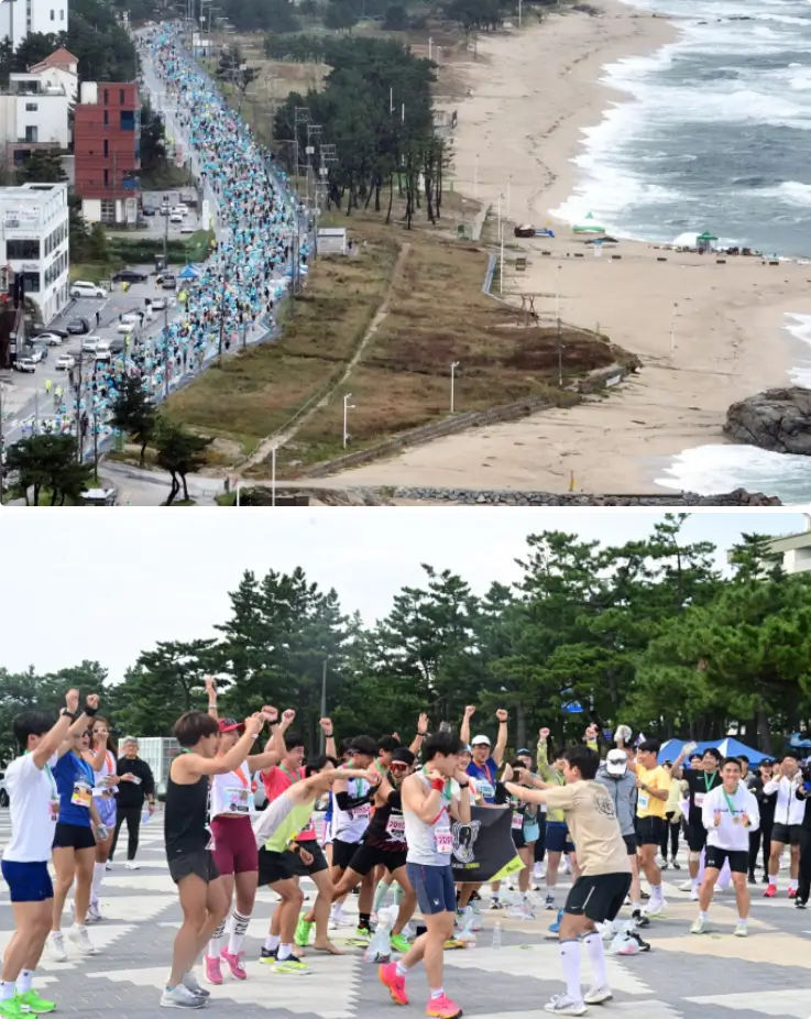 Marathon runners running on the beach on top and Marathon runners rejoicing after finishing the marathon on the bottom