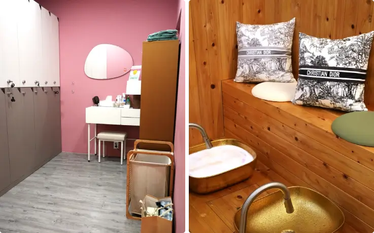 Changing room on the left, foot bath station on the right
