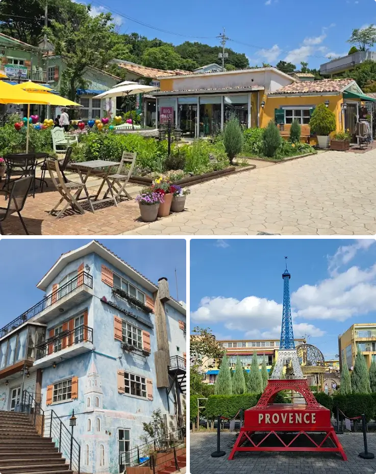 Colorful buildings and flower-lined paths in Provence Village, Paju