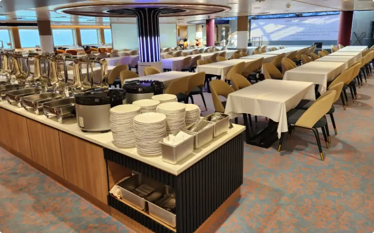PanStar Miracle Cruise dining room with ocean backdrop