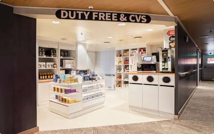 Duty-free shopping area on PanStar Miracle Cruise with products on display