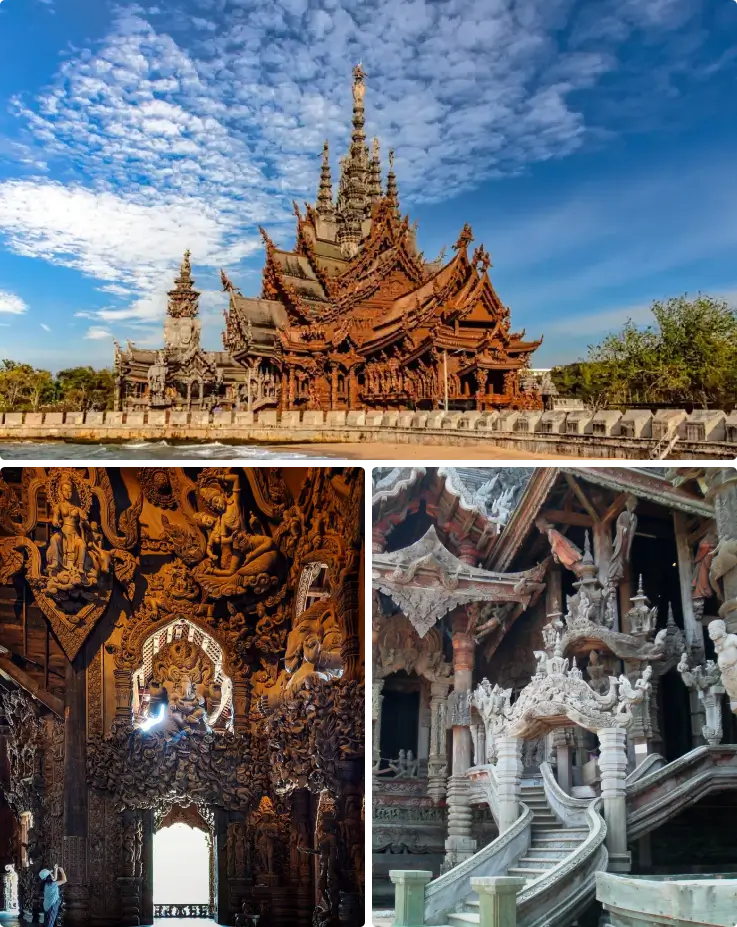 Intricately carved wooden Sanctuary of Truth temple by the sea in Pattaya