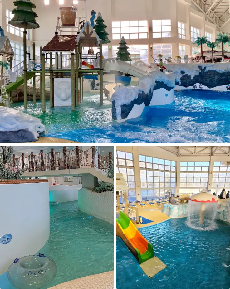 Heated wave pool and lazy river at Yongpyong Peak Island in winter