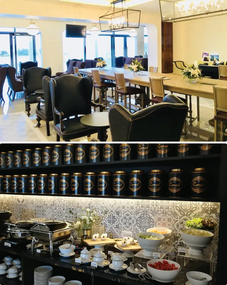 Buffet food and beverage selection at The Coral Lounge Phuket Airport