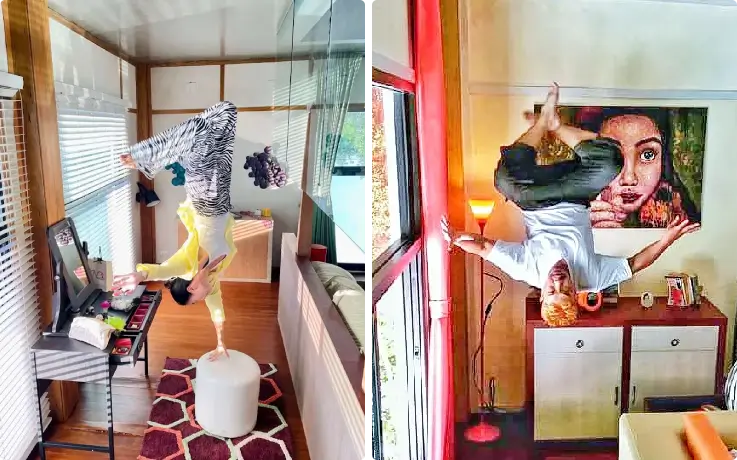Visitors posing inside Phuket’s Upside Down House with inverted furniture and décor 2