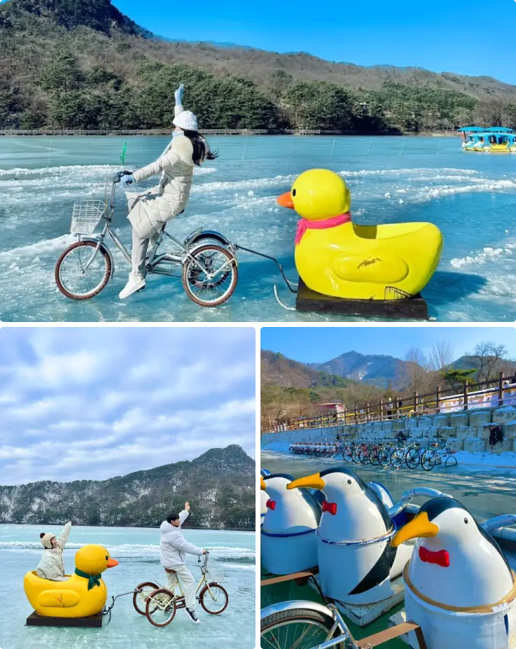 People enjoying the frozen Sanjeong lake on a Pocheon winter day tour.