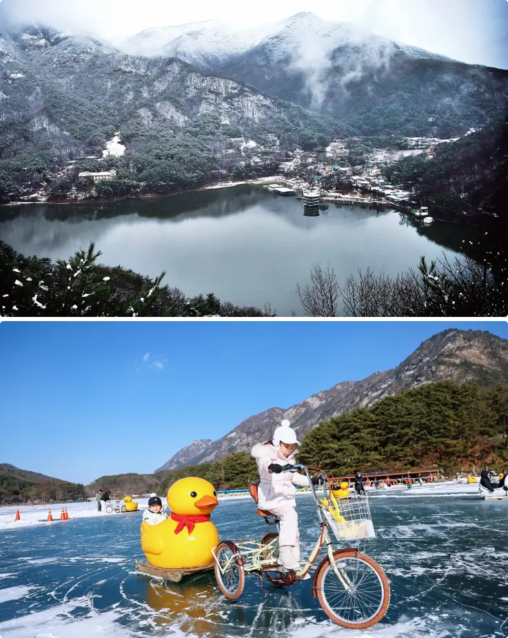 Child riding a rubber duck ice bike on the frozen Sanjeong Lake in Pocheon.
