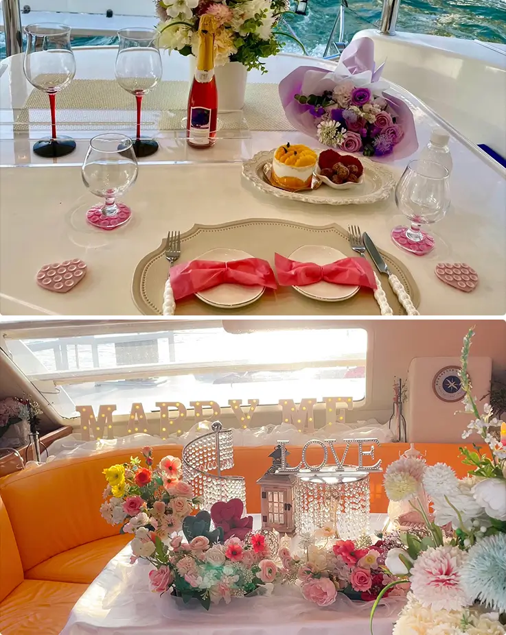 A romantic proposal on a beautifully decorated private yacht.