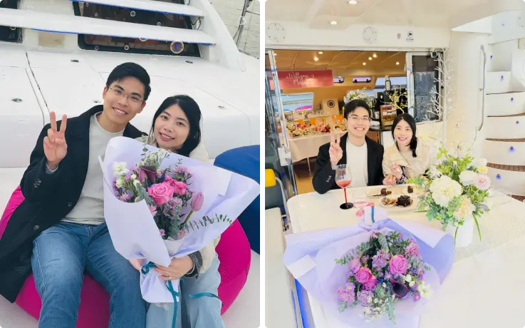 Romantic wedding proposal on a yacht in Busan.