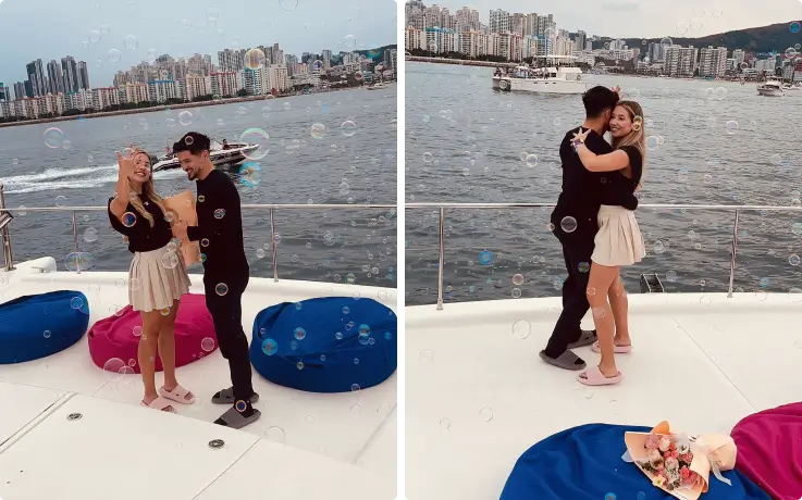 Couple dancing on a yacht in Busan and showing off their engagement ring.
