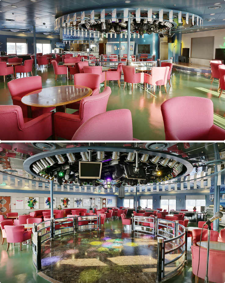 Multi-hall featuring a karaoke and serving light drinks on the Pukwan Ferry.