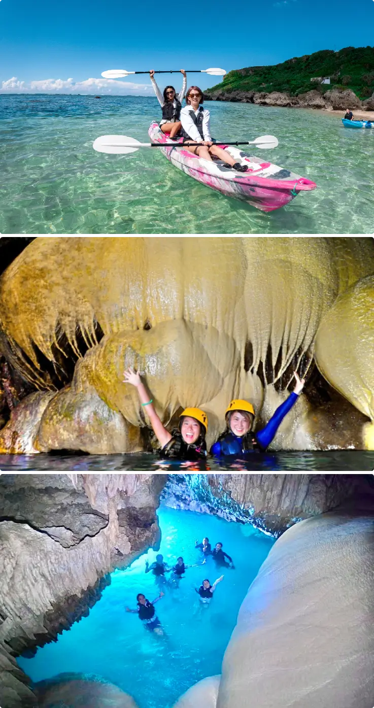 Kayakers entering Pumpkin Cave on Miyakojima Island, exploring limestone formations.