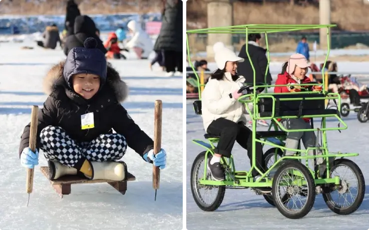 Children sledding and ice cycling at Pyeongchang Trout Festival.