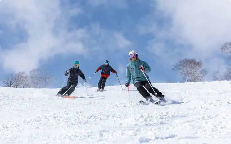 Three skiers gliding down a snowy slope in Niseko