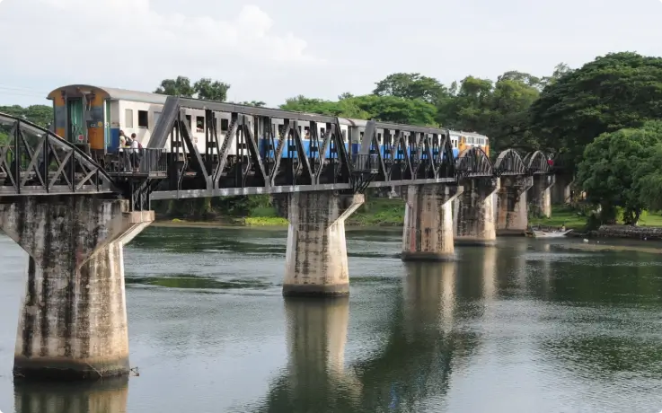 Bridge over the River Kwai with tourists walking across