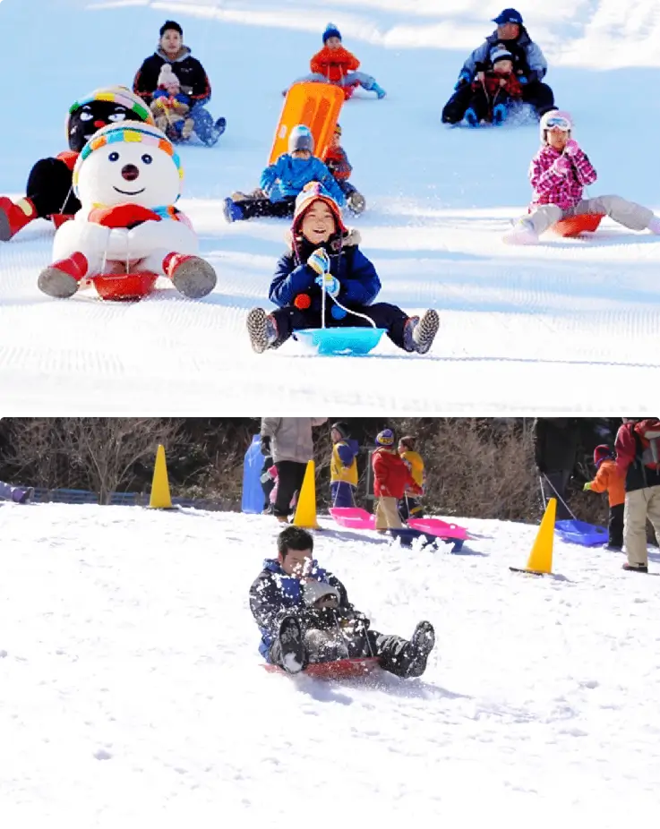 Children enjoying snow sledding at Mt. Rokko Snow Park.