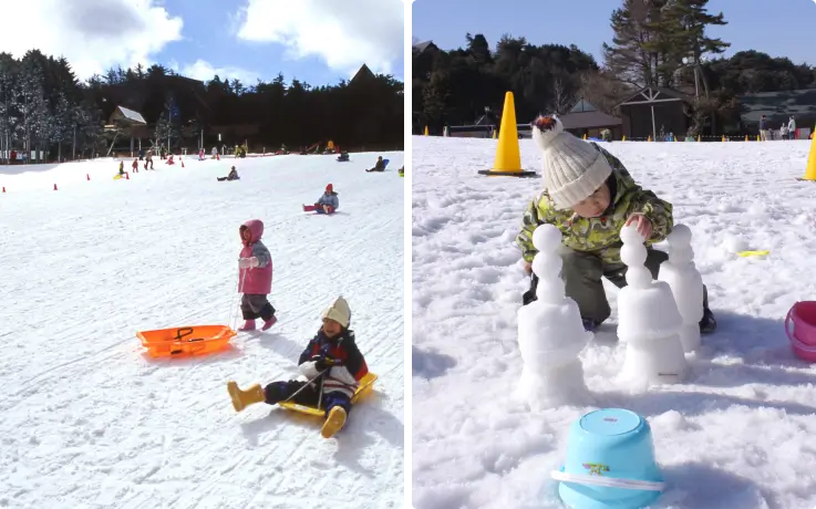 Visitors enjoying snow play and photography at Mt. Rokko Snow Park without skiing.
