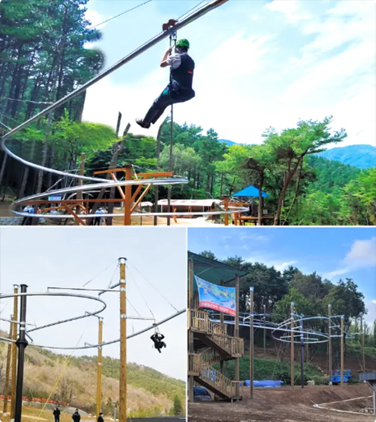 A person zipping down a rollercoaster-style zipline above the scenic landscape of Mureung Byeolyucheonji.