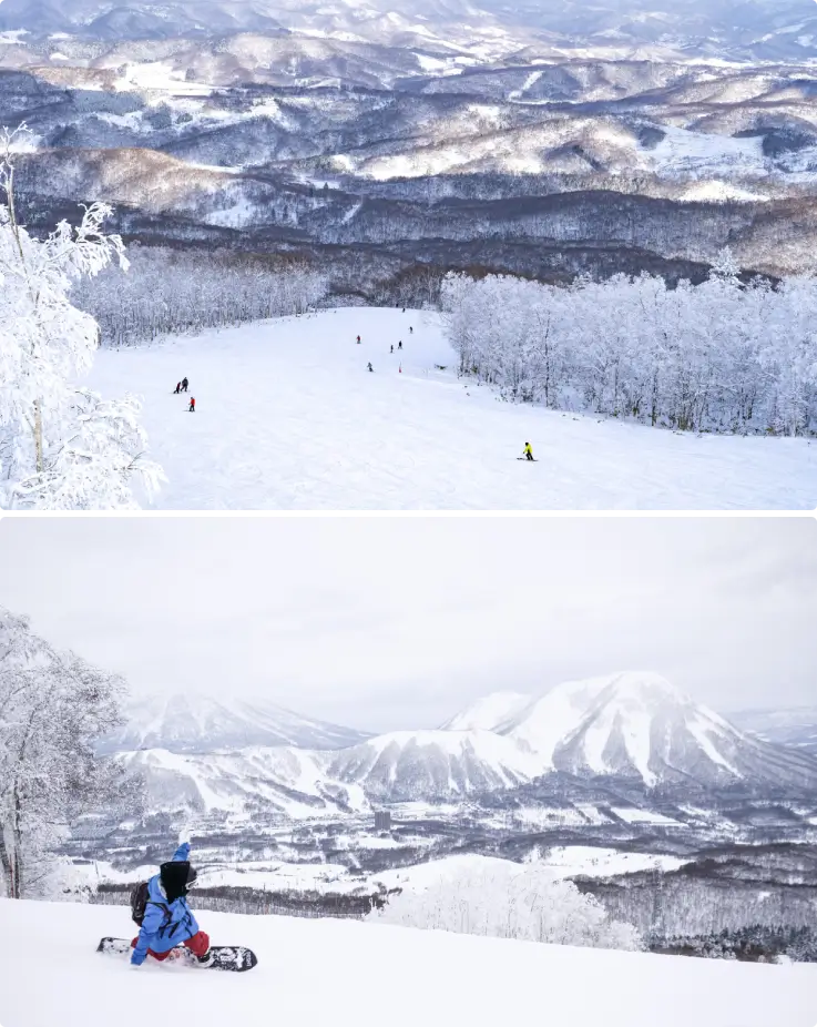 The groomed slopes and gelande at Rusutsu Resort in Hokkaido, Japan.