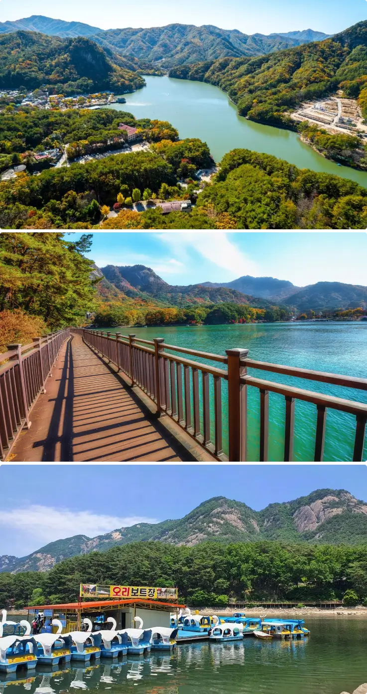 Pocheon Sanjeong Lake with calm water and forested shoreline