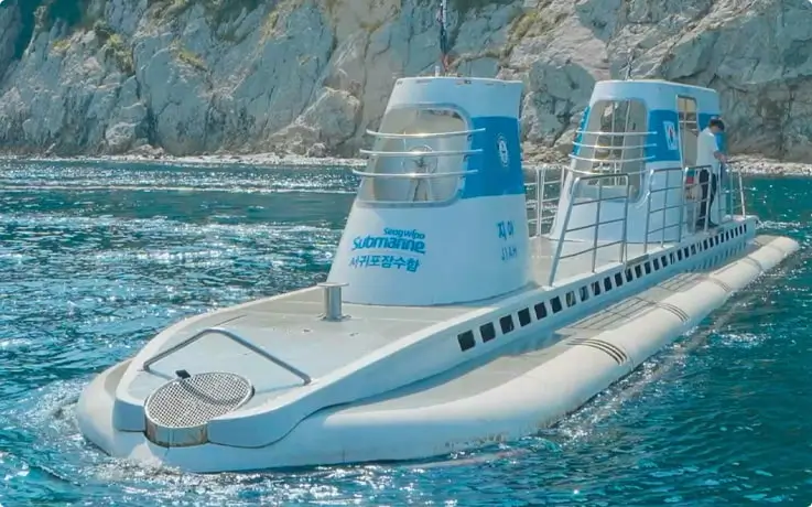 The Seogwipo Submarine floats on the calm ocean surface.