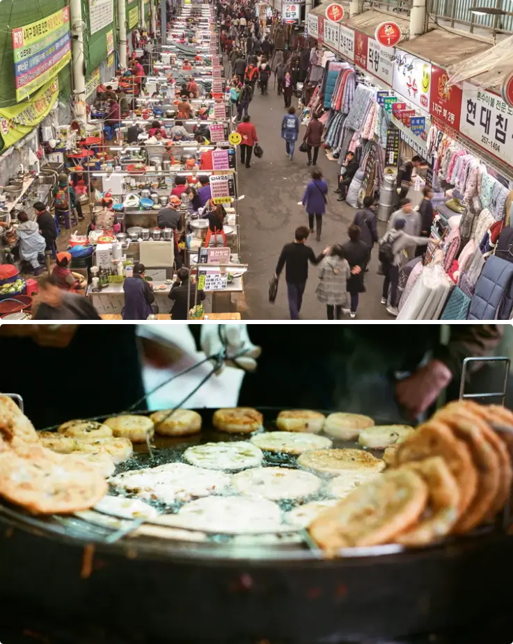 Shoppers browsing stalls and street food vendors at Seomun Market