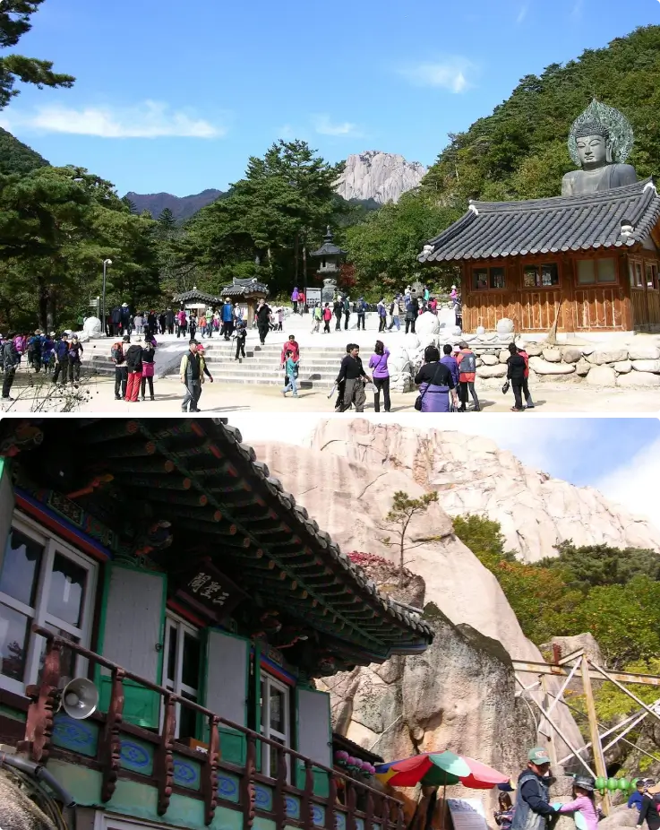 Shinheungsa Temple and the Bronze Buddha Statue seen on the Ulsanbawi hiking trail.