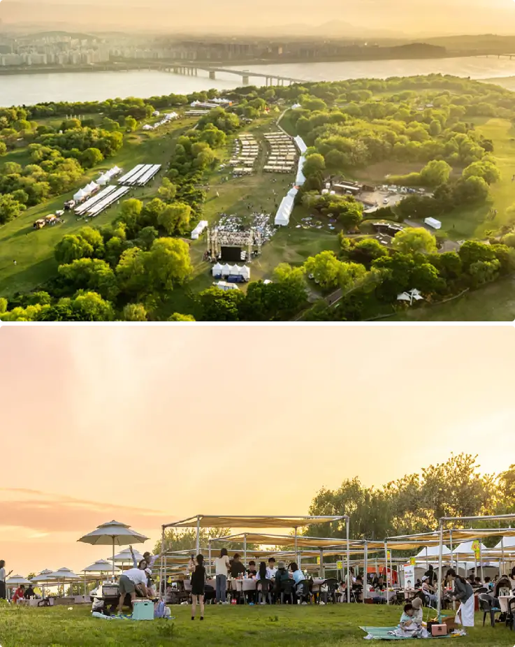 People enjoying outdoor barbecue at Noeul Park during sunset with a warm, romantic atmosphere