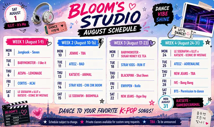 Join-in class song schedule poster for August