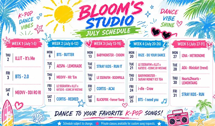 Join-in class song schedule poster for July