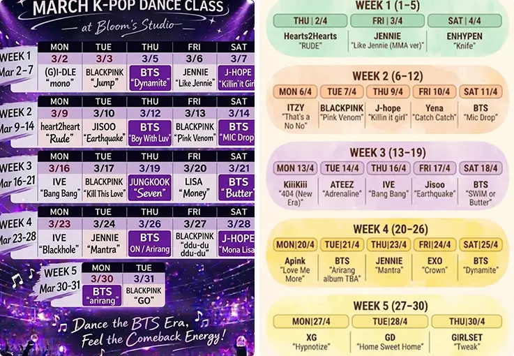 Join-in class song schedule poster for March and April