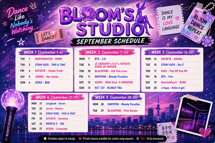 Join-in class song schedule poster for August