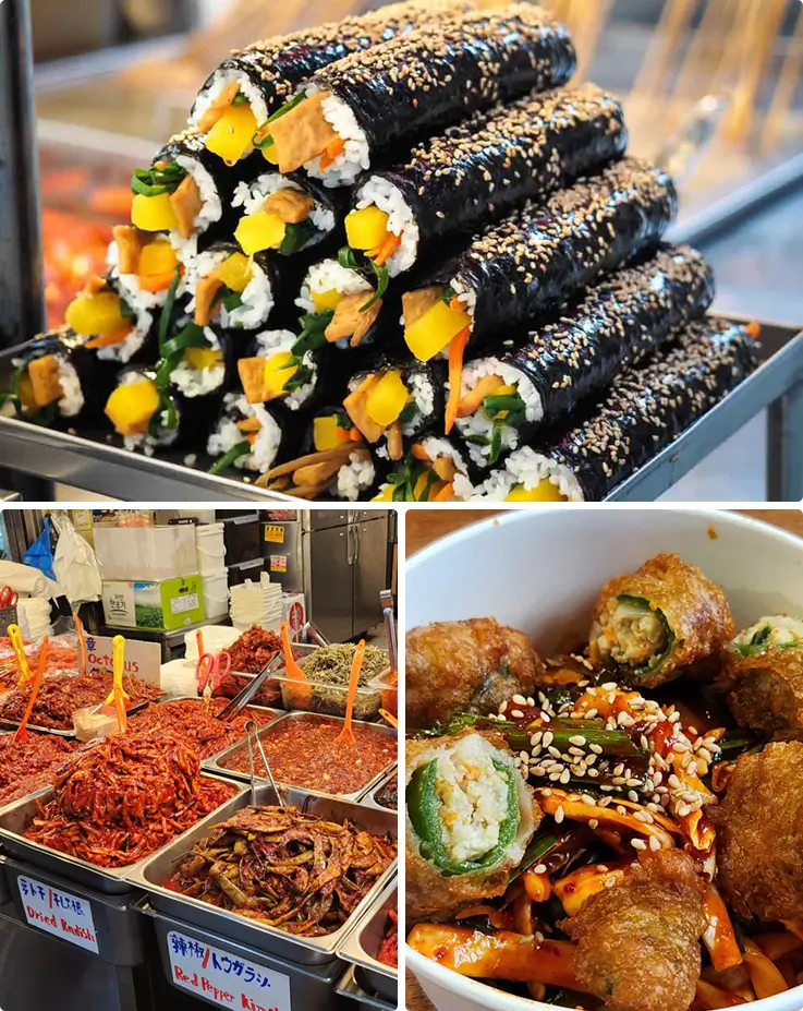 Various street food at Gwangjang Market including gimbap and fried stuffed peppers.