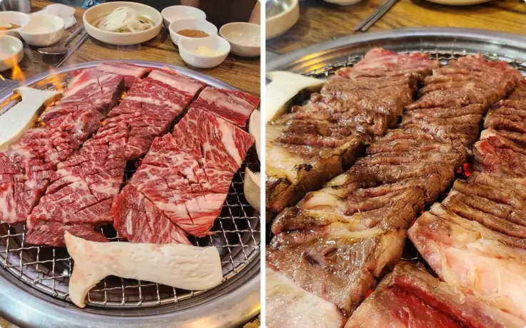 Korean barbecue dinner during a night food tour in Seoul.